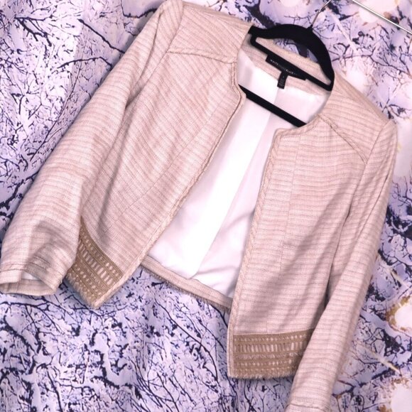 TAN LINEN BLAZER 4 WH|BM Cream Light Academia Spring Fall Blend Office Work Open - Picture 1 of 7